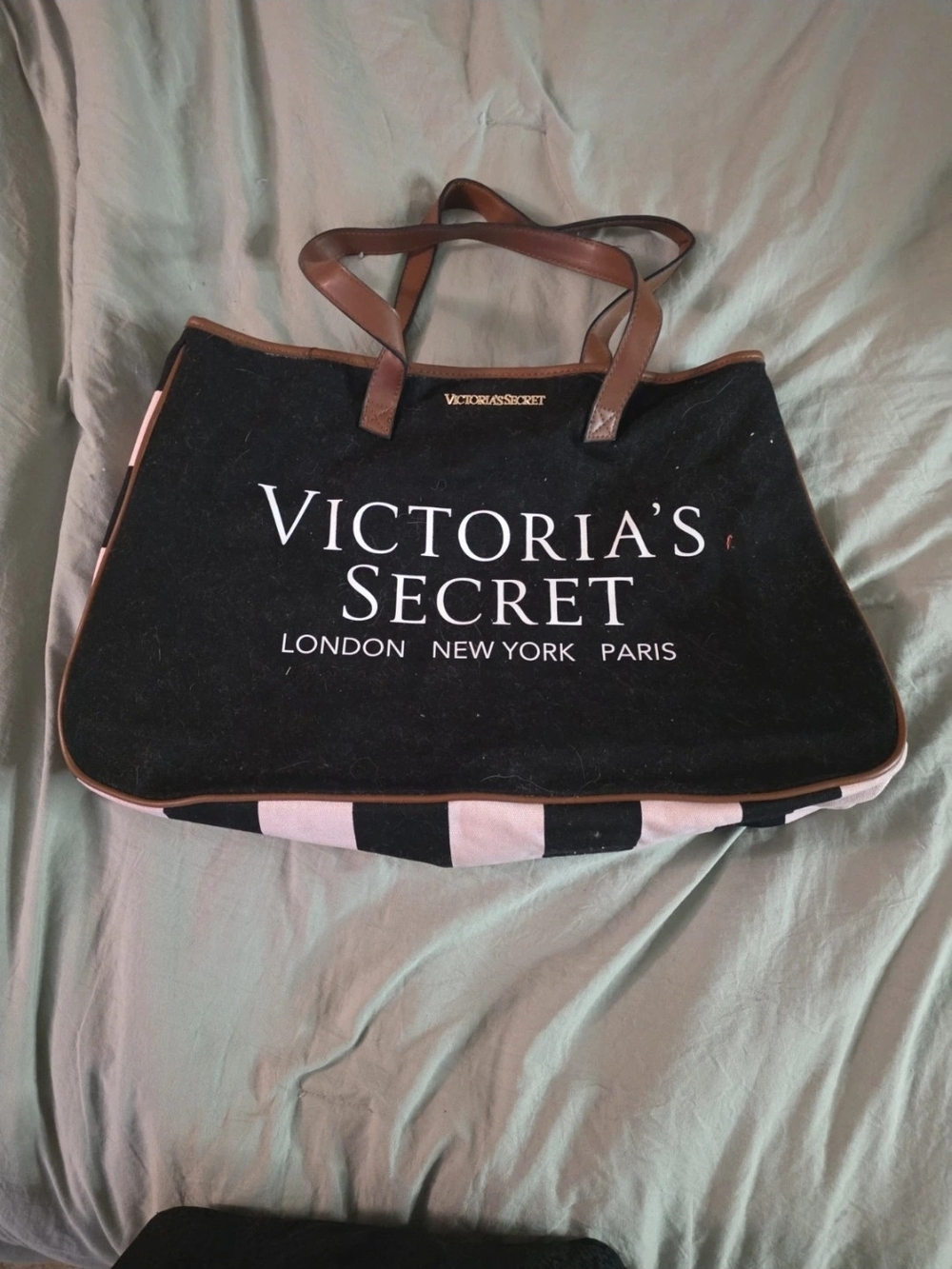 Victoria's Secret Black Canvas Tote with Brown Handles and Pink Accents